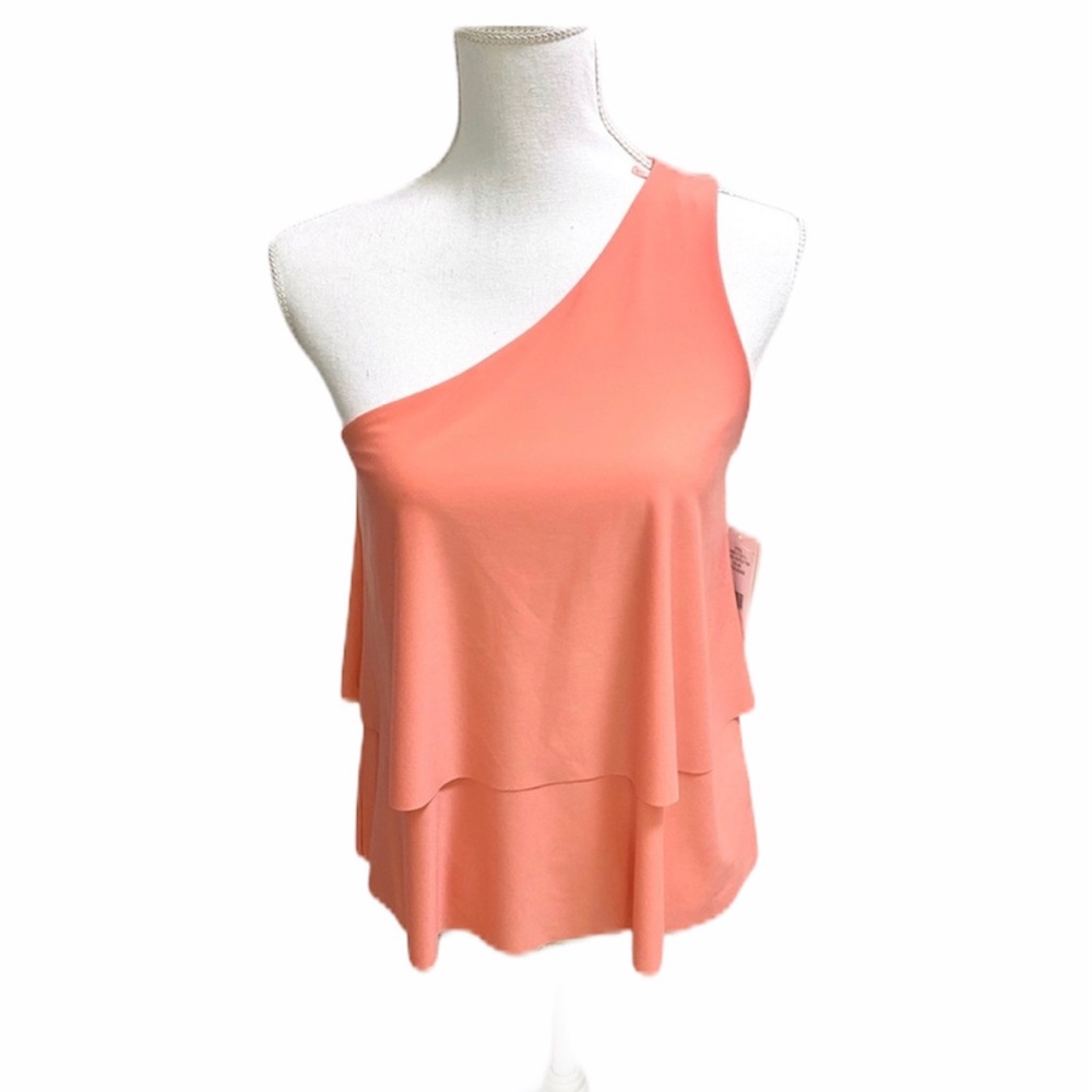 Halston One Shoulder Tiered Ruffle Blouse Coral NWT Statement Top